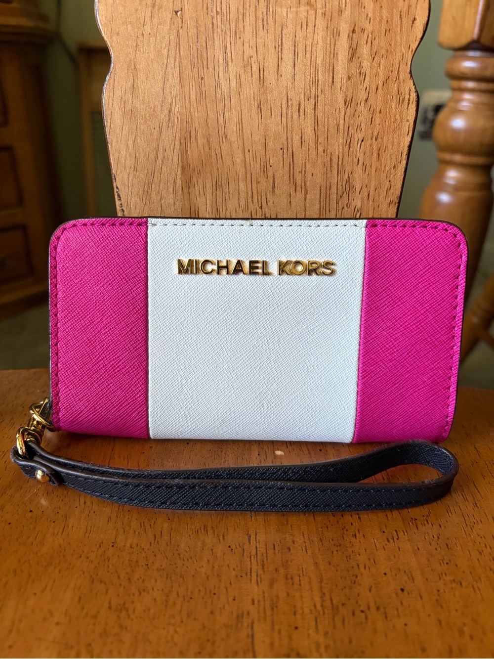 Michael Kors Pink and White Color-Block Leather Zip Wristlet with Black Strap